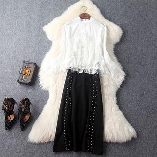 Fringed Trim 3/4-sleeve Blouse / Side Slit Pencil Skirt