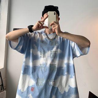 Short-sleeve Tie Dye Chinese Character Print T-shirt