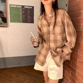 Long-sleeve Polo-collar Plaid Shirt Khaki - Shirt - One Size