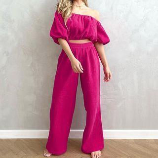 Off-shoulder Crop Blouse + Wide Leg Pants