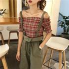 Plaid Off-shoulder Top / Drawstring Cropped Suspender Pants