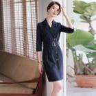 Striped Double-breasted 3/4-sleeve Sheath Dress