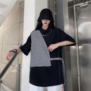Short-sleeve Mock Two-piece Houndstooth Panel Shirt Black - One Size