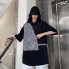 Short-sleeve Mock Two-piece Houndstooth Panel Shirt Black - One Size