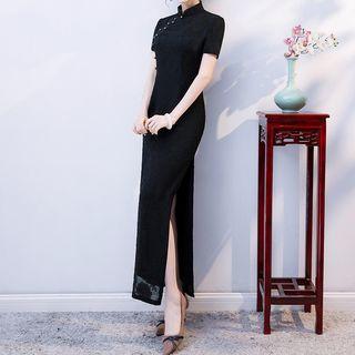 Lace Panel Short-sleeve Maxi Cheongsam
