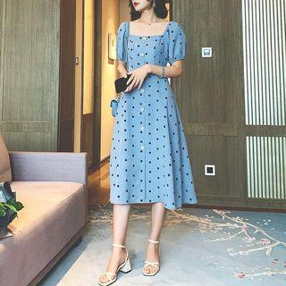 Dotted Short-sleeve Chiffon Dress Blue - M