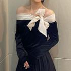 Contrast Trim Off-shoulder Bow Accent Long-sleeve Shirt Black - One Size