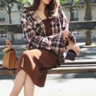 Plaid Shirt / Sleeveless Square-neck Midi Knit Dress / Set