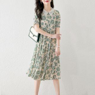 Short-sleeve Lace Collar Print Midi Shirt Dress
