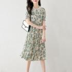 Short-sleeve Lace Collar Print Midi Shirt Dress
