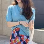 Plain Short-sleeve Knit Cardigan / Floral Slit Midi Straight-fit Skirt