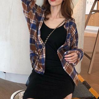 Plaid Shirt / Strappy Knit Midi Dress