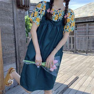 Puff-sleeve Off-shoulder Floral Blouse / Midi A-line Overall Dress