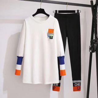 Set: Long-sleeve Color Block Panel T-shirt + Leggings