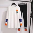 Set: Long-sleeve Color Block Panel T-shirt + Leggings
