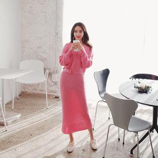 Set: Buckle-hem Cardigan + Knit Midi Skirt