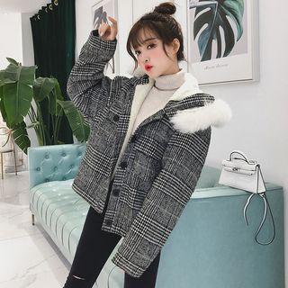Furry Trim Plaid Hooded Jacket