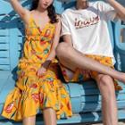 Couple Matching Printed Midi Spaghetti Strap Dress / Short-sleeve T-shirt / Shorts