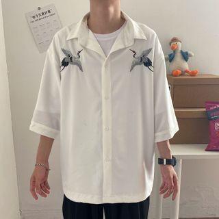Elbow-sleeve Crane Embroidered Shirt