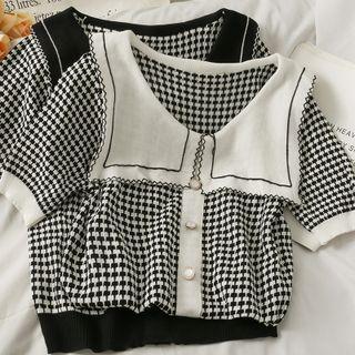 Peter Pan-collar Checker Light Knit Top