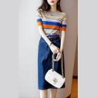 Set: Elbow-sleeve Striped Knit Top + Denim Midi Pencil Skirt