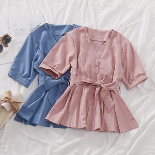 Elbow-sleeve Buttoned Tie-waist Top