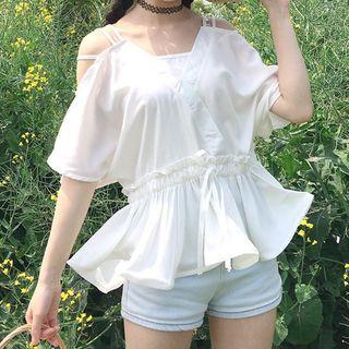Short-sleeve Cold Shoulder Drawstring Waist Chiffon Top