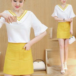 Set: V-neck Color Block Short-sleeve T-shirt + Pocketed Mini Skirt