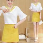Set: V-neck Color Block Short-sleeve T-shirt + Pocketed Mini Skirt