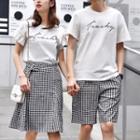 Set: Couple Matching Short-sleeve Lettering T-shirt + Plaid Shorts / Plaid A-line Skirt