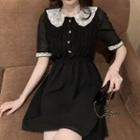 Short-sleeve Lace Collar A-line Dress Black - One Size