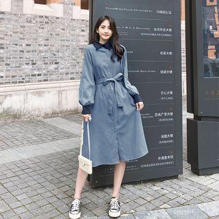 Long-sleeve Sashed Shirt Dress