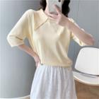Elbow-sleeve Wide-collar Knit Top