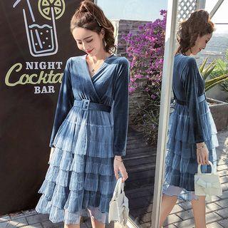 Long-sleeve Velvet Tiered Midi Dress