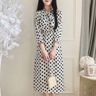 3/4-sleeve Polka Dot Midi Chiffon Dress