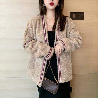 Long-sleeve Striped Shearling Cardigan As Shown In Figure - One Size