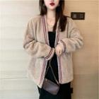 Long-sleeve Striped Shearling Cardigan As Shown In Figure - One Size