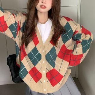 Long-sleeve V-neck Color-block Argyle Cardigan