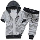 Set: Hooded Short Sleeve Zip Up Jacket + Cropped Jogger Pants