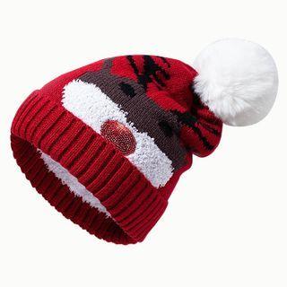 Reindeer Print Beanie 1609 - White Pom - Dark Red - One Size