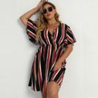 Plus Size Short-sleeve V-neck Striped A-line Dress