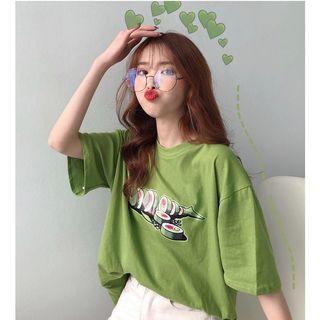 Cartoon Print Short-sleeve T-shirt Light Green - One Size