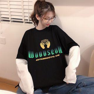 Mock Two-piece Lettering Loose-fit Top