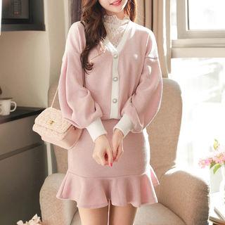 Set: Piped Balloon-sleeve Cardigan + Ruffle-hem Miniskirt