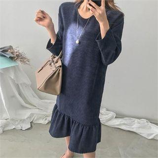 Flounced Corduroy Midi Shift Dress
