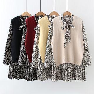 Set: Long-sleeve Floral Print Tie-neck A-line Chiffon Dress + Sweater Vest