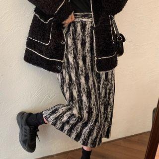 High Waist Two-tone Striped Slit Midi Pencil Skirt Stripe - Black & White - One Size
