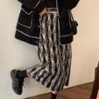 High Waist Two-tone Striped Slit Midi Pencil Skirt Stripe - Black & White - One Size