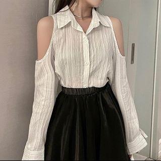 Long-sleeve Lapel Single-breasted Cold-shoulder Top