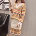 Set: V-neck Pattered Sweater + Knit Skirt